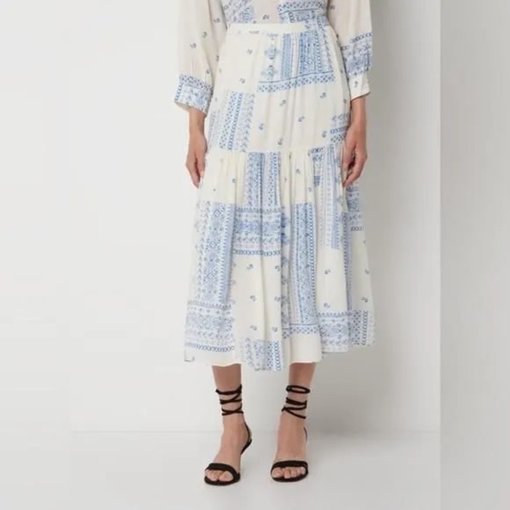 ba&sh Londer Print Tiered Midi Skirt in Ecru and Light Blue